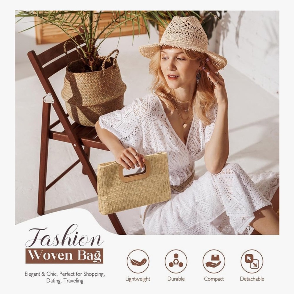 🆕 Clutch Purses for Women, Top Handle Straw Purse Handbags, Summer Crossbody - Picture 2 of 7